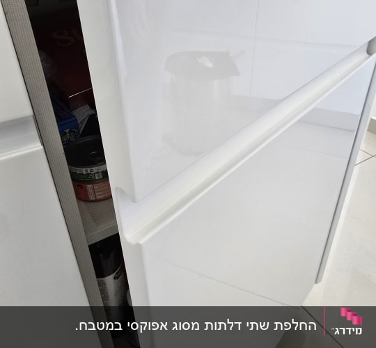 דלת ארון מטבח לבנה מבריקה עם ידית אינטגרלית מובנית